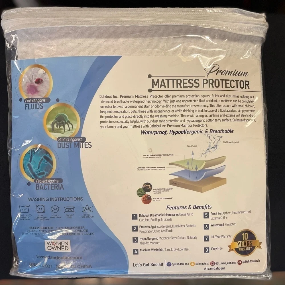 Dahdoul Inc. king premium terry finish mattress protector. NWT. Women Owned.